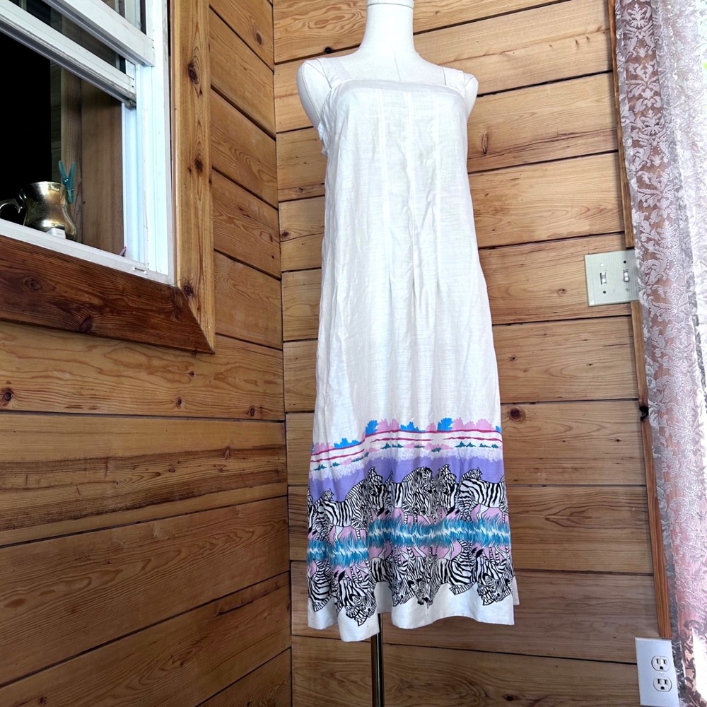Vintage Linen Zebra Border Print Maxi Sundress Womens Small White Handmade 70s